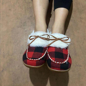 Women's cute bowknot warm lining booties black red plaid winter booties
