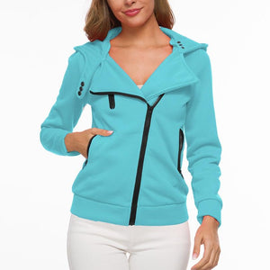 Women Diagonal Zipper Winter Fur Lining Hooded Sweatshirt