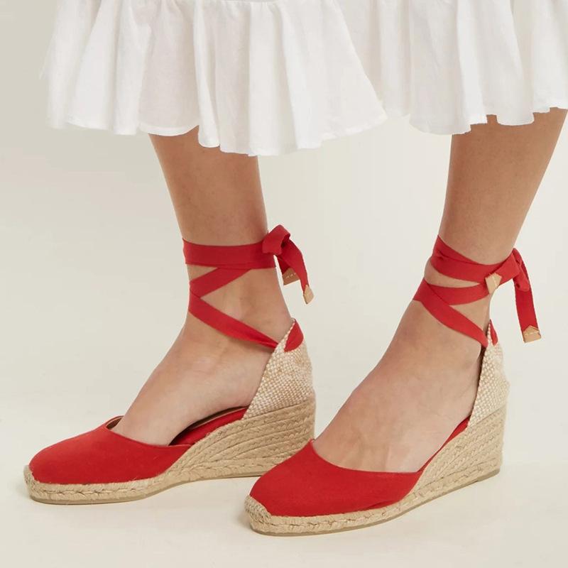 Women round toe lace up espadrille wedge sandals