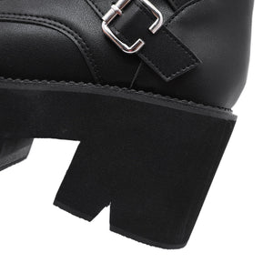 Women chunky high heel platform studded buckle strap short black boots