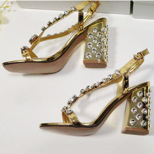 Women party prom chunky heel ankle strap rhinestone heels
