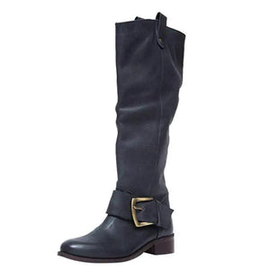 Women's retro knee high cowboy boots buckle strap chunky low heel boots