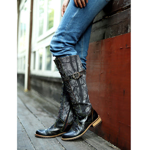 Women black flower embossed flat heel knee high motorcycle boots