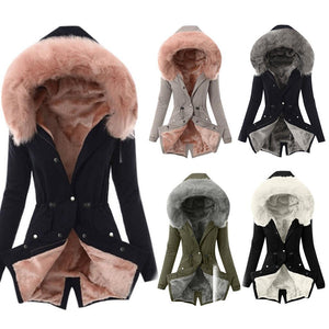 Women thick faux fur collar hooded slim fit winter coat