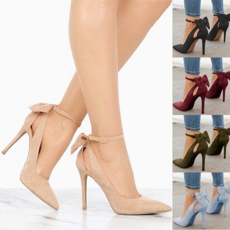 Women cute back bowknot ankle strap pointed toe stiletto heels