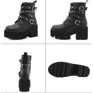 Women chunky high heel platform studded buckle strap short black boots