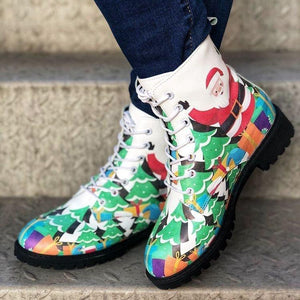 Women's santa print front-lace ankle boots cute christmas booties