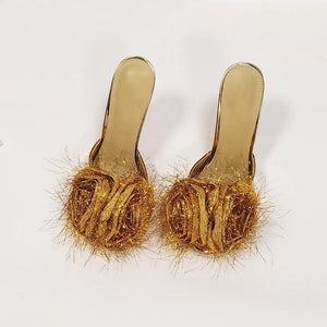 Women fluzzy flower pointed toe slide stiletto heels