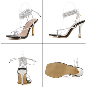 Women stiletto square toe black white criss cross strappy lace up heels