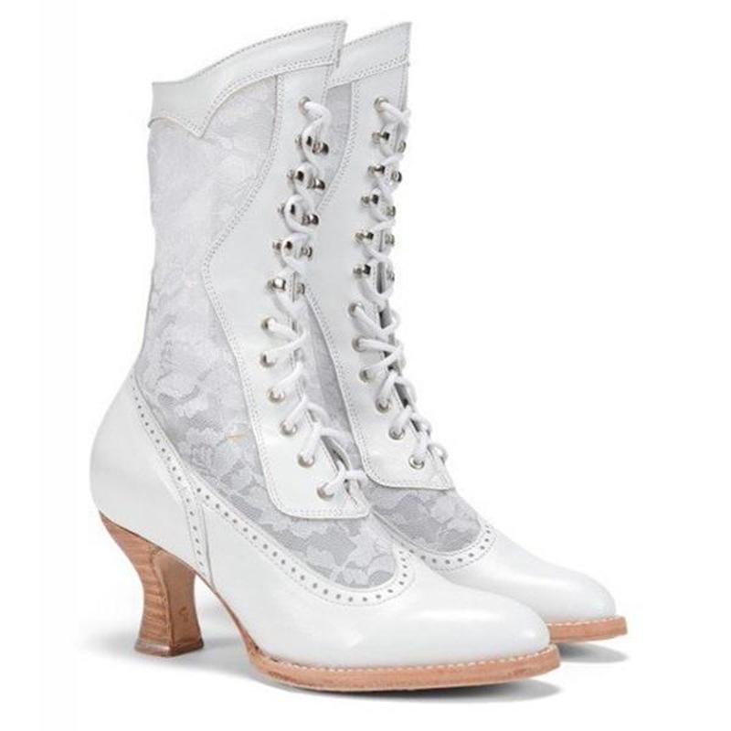 Women lace flower lace up mid calf chunky heel boots