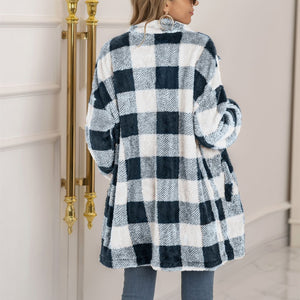 Women winter fall long sleeve color block plaid cardigan