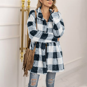 Women winter fall long sleeve color block plaid cardigan