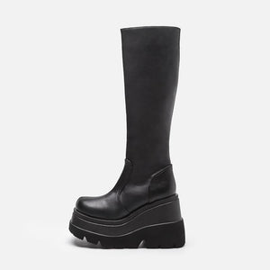 Women chunky platform motorcycle mid calf black boots