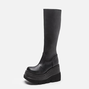 Women chunky platform motorcycle mid calf black boots