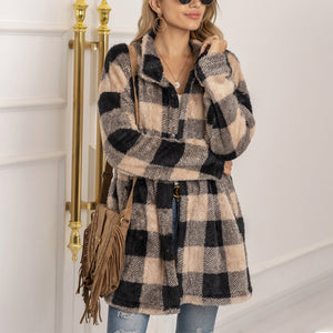 Women winter fall long sleeve color block plaid cardigan