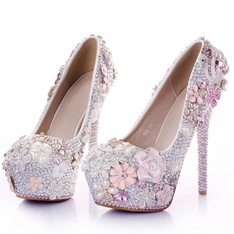 Women wedding heels rhinestone flower stiletto platform heels