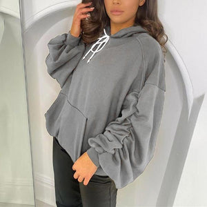 Women bubble sleeve solid color pullover hoodie sweatshirt with pocket