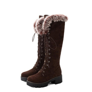 Women winter snow faux fur lace up chunky platform knee high boots