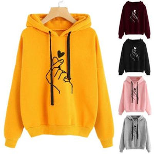 Women finger heart printed long sleeve drawstring hoodie sweatshirt