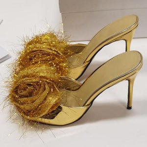 Women fluzzy flower pointed toe slide stiletto heels