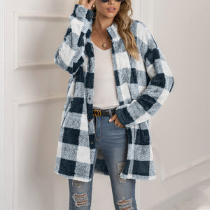 Women winter fall long sleeve color block plaid cardigan