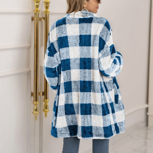 Women winter fall long sleeve color block plaid cardigan