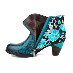 Women block heel flower printed fashion ankle boots