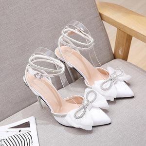 Women sparkly rhinestone ankle strap pointed toe stiletto silk bow heels