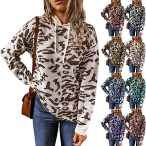 Women leopard knit long sleeve drawstring pullover hoodie sweatshirt