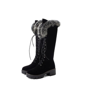 Women winter snow faux fur lace up chunky platform knee high boots