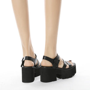 Women chunky platform three 
strap ankle buckle black sandals