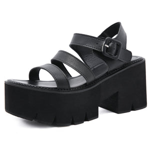 Women chunky platform three 
strap ankle buckle black sandals
