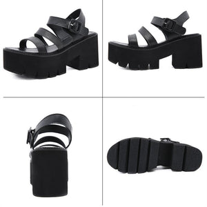 Women chunky platform three 
strap ankle buckle black sandals