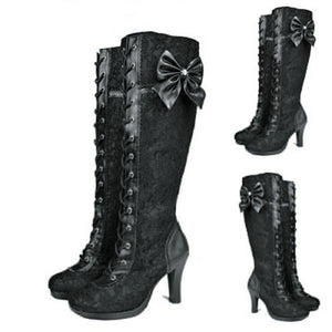 Women bowknot platform chunky heel lace up knee high black boots