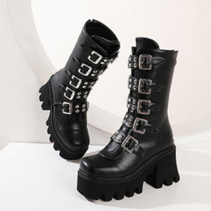 Women mid calf buckle strap chunky platform motorcycle boots