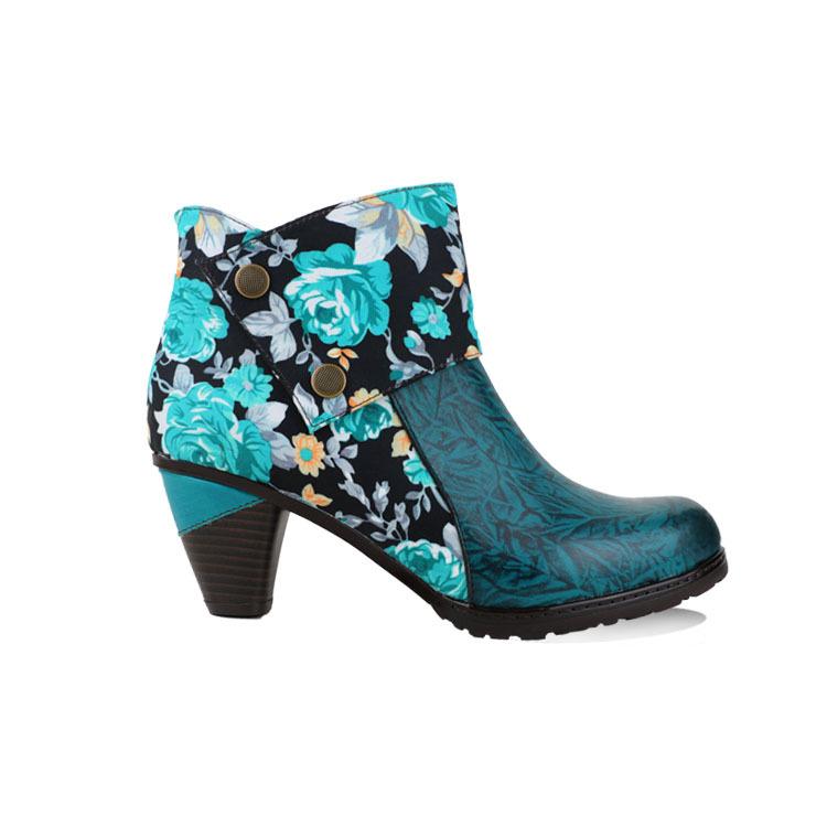 Women block heel flower printed fashion ankle boots