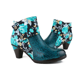 Women block heel flower printed fashion ankle boots