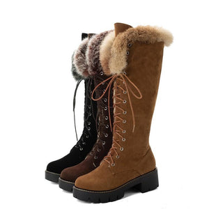 Women winter snow faux fur lace up chunky platform knee high boots