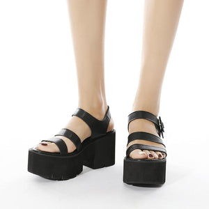 Women chunky platform three 
strap ankle buckle black sandals