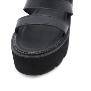 Women chunky platform three 
strap ankle buckle black sandals