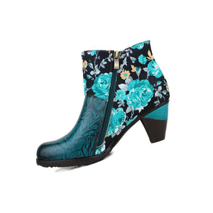 Women block heel flower printed fashion ankle boots