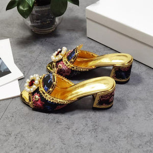 Women flower rhinestone strap chunky heel slide gold heels