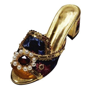 Women flower rhinestone strap chunky heel slide gold heels