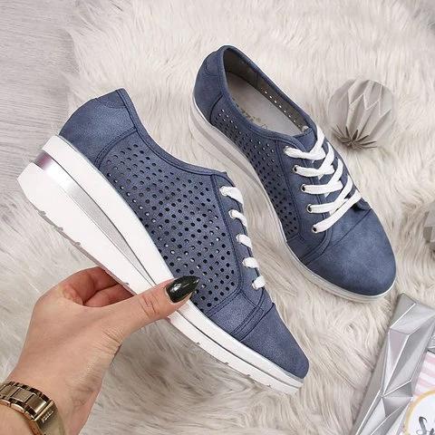 Women Fashion Lace Up Hollow Out Wedge Heel Sneakers - fashionshoeshouse