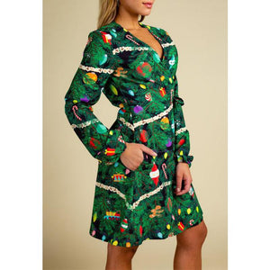 Women's vintage print waist belted Chritstmas party dress A-line fashion new year party long sleeve dress