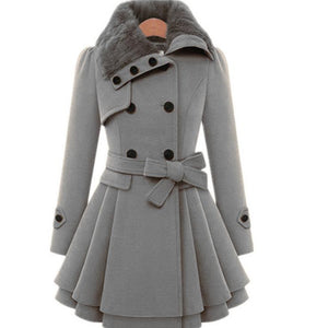 Women's double-breasted coat dress belted swing coat with fur collar
