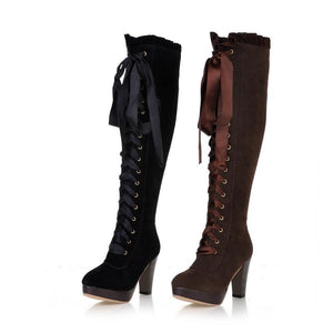 Women criss cross lace up round toe chunky knee high boots