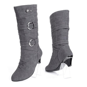 Women chunky heel buckle strap slip on mid calf boots