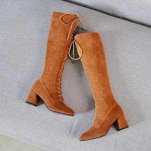 Women lace up square block heel knee high boots