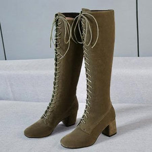 Women lace up square block heel knee high boots